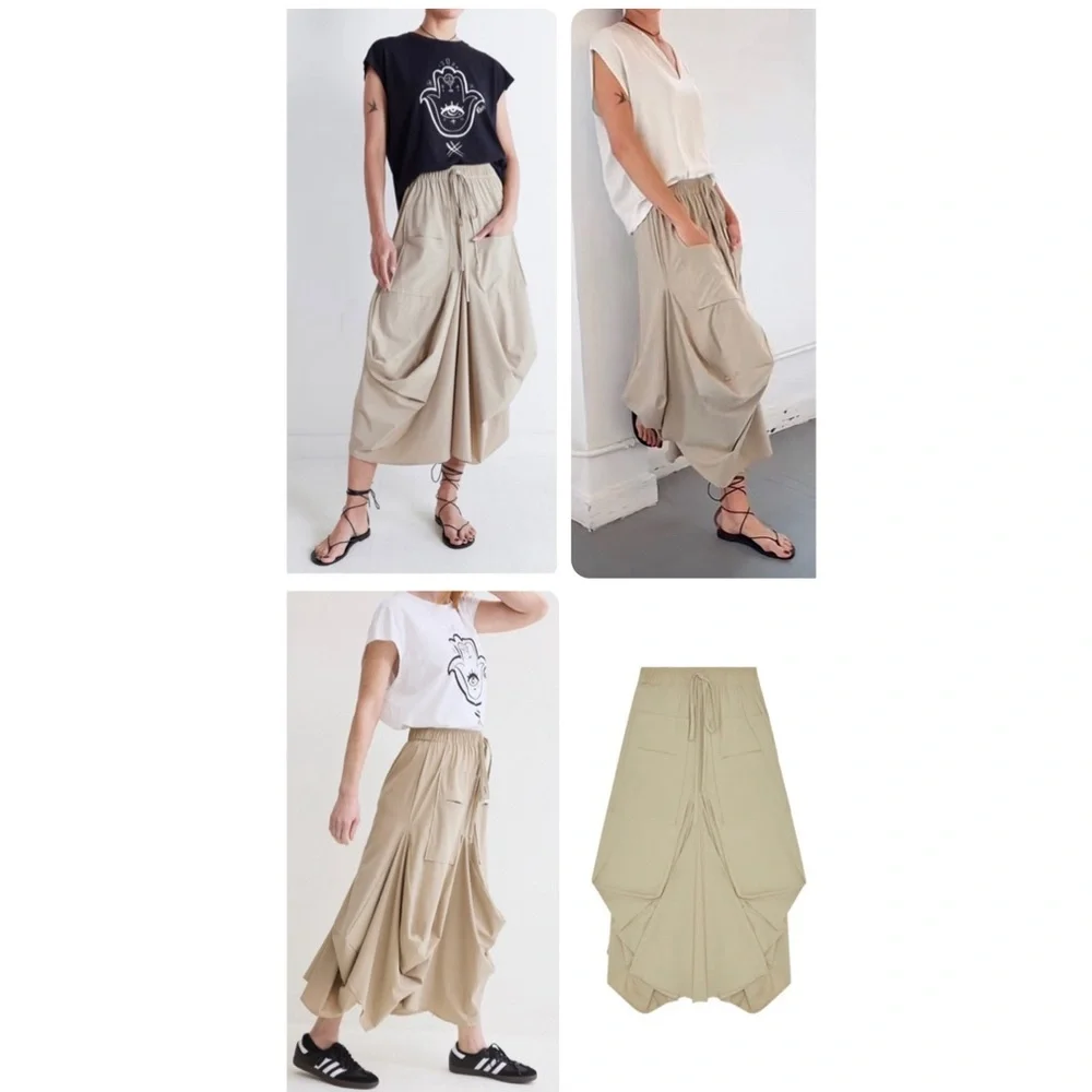Ruti The Go-To Nylon Blend Tan Khaki Size XS / S Draped Lagenlook Midi Skirt - Picture 10 of 16